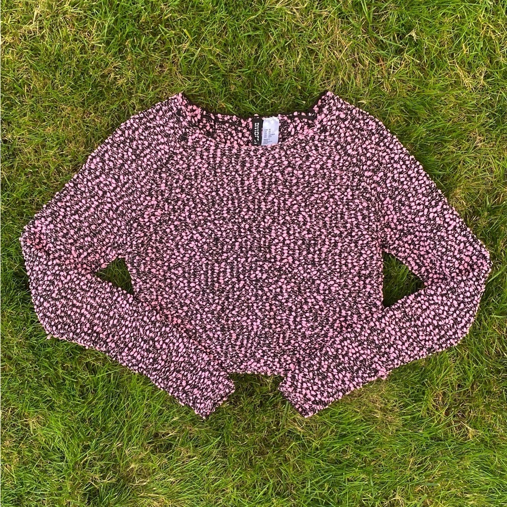 H&M Pink Black Marled Chunky Knit Cropped Sweater XS